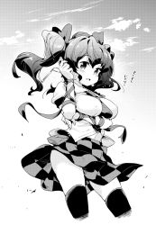 Rule 34 | 1girl, arm ribbon, arm under breasts, black thighhighs, blush, breasts, cellphone, checkered clothes, checkered skirt, cloud, commentary request, covered erect nipples, cowboy shot, cropped legs, flip phone, greyscale, hair ribbon, hand up, highres, himekaidou hatate, holding, holding phone, large breasts, long hair, midriff peek, monochrome, open mouth, phone, ribbon, shirt, short sleeves, skirt, solo, talking on phone, tanasuke, thighhighs, touhou, translated, twintails, white shirt, wind, wind lift