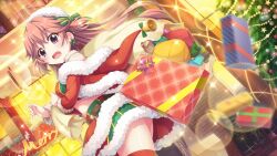 Rule 34 | 1girl, bell, belt, bow, brick wall, brown belt, christmas lights, christmas ornaments, christmas tree, dot nose, dutch angle, earrings, falling, film grain, from below, game cg, gift, green bow, green skirt, haeno akari, hair bow, izumi tsubasu, jewelry, layered skirt, lens flare, long sleeves, midriff, motion blur, non-web source, off shoulder, official art, open mouth, pink hair, purple eyes, re:stage!, red skirt, red thighhighs, santa costume, skirt, solo, sparkle, star (symbol), thighhighs, torn sack, two side up, window, zettai ryouiki