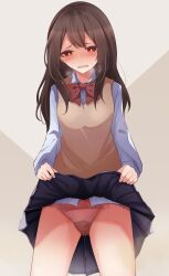 Rule 34 | 1girl, blue skirt, blush, bow, bowtie, breasts, breath, bright pupils, brown hair, brown vest, clothes lift, collared shirt, cowboy shot, embarrassed, female focus, grey background, half-closed eyes, highres, lifted by self, long hair, long sleeves, looking at viewer, miniskirt, open mouth, original, panties, pee, peeing, peeing self, pink panties, plaid, plaid bow, plaid bowtie, pleated skirt, raised eyebrows, red bow, red bowtie, red eyes, school uniform, shirt, sidelocks, simple background, skirt, skirt lift, small breasts, solo, standing, steam, sweat, textless version, thighs, two-tone background, underwear, vest, watakarashi, wet, wet clothes, wet panties, white pupils, white shirt