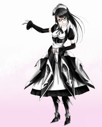 Rule 34 | 10s, 1girl, android, ange vierge, apron, armor, armored dress, black hair, detached sleeves, full body, glasses, gradient background, green eyes, kinakogm, maid, maid apron, maid headdress, original, red-framed eyewear, solo, white background