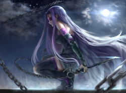 Rule 34 | 1girl, black dress, black footwear, black sleeves, boots, chain, cloud, detached sleeves, dress, facial mark, fate/stay night, fate (series), floating hair, from side, full body, full moon, highres, holding, holding weapon, kevala0513, long hair, long sleeves, mask, medusa (fate), medusa (rider) (fate), moon, night, outdoors, parted lips, purple hair, short dress, sky, sleeveless, sleeveless dress, solo, squatting, star (sky), starry sky, strapless, strapless dress, striped clothes, striped dress, thigh boots, thighhighs, tube dress, very long hair, weapon, zettai ryouiki