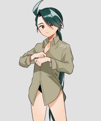 Rule 34 | 1girl, ahoge, androgynous, artist name, black panties, bright pupils, closed mouth, collared shirt, creatures (company), earrings, expressionless, flat chest, game freak, genjitsu o miro, green hair, highres, jewelry, long hair, nintendo, no pants, panties, pokemon, pokemon sv, ponytail, red eyes, reverse trap, rika (pokemon), shirt, simple background, solo, standing, twitter username, underwear, very long hair, white pupils