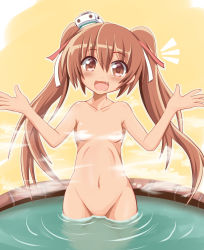 Rule 34 | 10s, 1girl, :d, blush, breasts, brown eyes, brown hair, censored nipples, convenient censoring, dark-skinned female, dark skin, eyebrows, fang, groin, hair ribbon, head tilt, highres, kantai collection, libeccio (kancolle), long hair, looking at viewer, nude, open mouth, partially submerged, ribbon, small breasts, smile, solo, steam, steam censor, tamayan, twintails, water