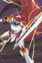 Rule 34 | armor, cape, digimoji, digimon, digital hazard, dukemon, fighting, highres, lance, looking at another, omegamon, polearm, royal knights, sword, weapon