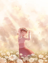 Rule 34 | 1girl, ^ ^, artist name, atlus, bad id, bad pixiv id, brown hair, child, closed eyes, doujima nanako, closed eyes, field, flower, happy, head wreath, light rays, open mouth, persona, persona 4, petals, robinexile, short hair, short twintails, skirt, sky, smile, solo, sunbeam, sunlight, sweater, twintails, wreath