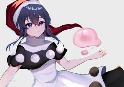 Rule 34 | 1girl, :3, arm up, black capelet, blob, blue eyes, blue hair, blush, capelet, closed mouth, commentary request, crossed bangs, dark blue hair, doremy sweet, dream soul, dress, eyelashes, floating, floating object, grey background, hair between eyes, hat, highres, long hair, looking to the side, majime joe, night cap, nightcap, pom pom (clothes), red hat, simple background, smile, solo, standing, touhou, white dress