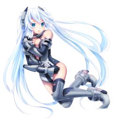 Rule 34 | 10s, 1girl, black heart (neptunia), blue eyes, blue hair, boots, breasts, cleavage, cleavage cutout, clothing cutout, elbow gloves, female focus, gloves, highres, kami jigen game neptune v, leotard, long hair, matching hair/eyes, monchi (kashiwa2519), neptune (series), noire (neptunia), small breasts, solo, symbol-shaped pupils, thigh boots, thighhighs, twintails, very long hair, white background, white hair