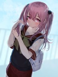 Rule 34 | 1girl, anywhere knock, backpack, bad id, bad pixiv id, bag, black vest, blush, closed mouth, cowboy shot, dutch angle, green neckerchief, hair between eyes, hands up, highres, holding, holding own hair, inui sajuna, long hair, long sleeves, looking at viewer, neckerchief, pink eyes, pink hair, pleated skirt, red sailor collar, red skirt, sailor collar, school uniform, serafuku, shirt, skirt, solo, sono bisque doll wa koi wo suru, standing, two side up, vest, white shirt