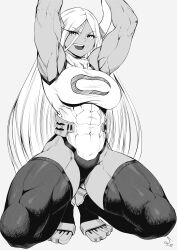 Rule 34 | 1girl, :d, absurdres, animal ears, armpits, arms up, bare shoulders, biceps, boku no hero academia, breasts, covered abs, covered navel, crescent print, dark-skinned female, dark skin, fur collar, greyscale, hair between eyes, highleg, highleg leotard, highres, large breasts, leotard, long eyelashes, long hair, looking at viewer, mirko, monochrome, muscular, muscular female, obliques, open mouth, parted bangs, rabbit ears, rabbit girl, signature, sleeveless turtleneck leotard, smile, solo, speedl00ver, squatting, taut leotard, teeth, thick thighs, thighhighs, thighs, upper teeth only, very long hair, white hair, white leotard