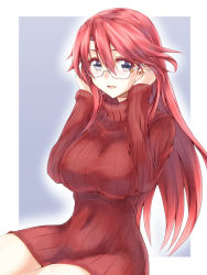 Rule 34 | 1girl, :d, adjusting eyewear, aty (summon night), blue eyes, breasts, commentary, covered erect nipples, glasses, highres, kurokawa (silve), large breasts, long hair, long sleeves, looking at viewer, open mouth, red hair, red sweater, ribbed sweater, semi-rimless eyewear, sitting, smile, solo, summon night, summon night 3, sweater, turtleneck