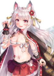 Rule 34 | 1girl, :3, :d, animal ear fluff, animal ears, azur lane, bandaged arm, bandages, black cloak, blush, breasts, budget sarashi, cleavage, cloak, cocoasabure, collar, cowboy shot, dog ears, fang, floating hair, flower, flower tattoo, groin, hair flower, hair ornament, hand up, highres, hip vent, long hair, looking at viewer, medium breasts, miniskirt, nail polish, navel, open mouth, pleated skirt, red eyes, red flower, red nails, red skirt, sarashi, shadow, silver hair, skirt, smile, solo, standing, stomach, tattoo, thick eyebrows, very long hair, white background, white flower, yuudachi (azur lane), yuudachi (shogun of snowballs) (azur lane)