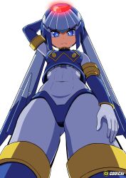 1girl absurdres android blue_eyes blue_helmet cowboy_shot fairy_leviathan_(mega_man) forehead_jewel from_below godichi helmet highres mega_man_(series) mega_man_zero_(series) robot_girl simple_background solo white_background