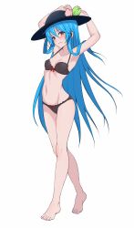 Rule 34 | 1girl, armpits, arms up, barefoot, black bra, black hat, black panties, blue hair, blush, bow, bow bra, bow panties, bra, breasts, cleavage, closed mouth, collarbone, commentary request, fingernails, fruit hat ornament, hair between eyes, hat, highres, hinanawi tenshi, knees, leaf hat ornament, lips, long hair, looking at viewer, navel, panties, parted lips, peach hat ornament, red bow, red eyes, sidelocks, simple background, small breasts, smile, solo, stomach, sun hat, thighs, toenails, touhou, underwear, underwear only, walking, white background, yoshinatsu