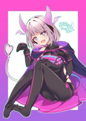Rule 34 | 1girl, :d, aqua eyes, black bodysuit, bob cut, bodysuit, breasts, cape, commission, detached horns, enjoy mix, gradient background, gradient hair, gradient horns, hair intakes, headphones, hip vent, holographic horns, horns, indie virtual youtuber, large breasts, looking at viewer, medium hair, motherv3, multicolored eyes, multicolored hair, multicolored horns, neon trim, open mouth, paw pose, pink horns, purple cape, purple eyes, purple horns, sitting, skeb commission, smile, solo, tail, two-tone eyes, virtual youtuber