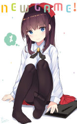 Rule 34 | 10s, 1girl, absurdres, black pantyhose, blue eyes, blush, bow, breasts, brown hair, copyright name, dated, drawing tablet, feet, full body, hair bow, heart, heart-shaped pupils, highres, long hair, long sleeves, looking at viewer, medium breasts, new game!, no shoes, pantyhose, peng yong, red bow, signature, sitting, soles, solo, stylus, symbol-shaped pupils, takimoto hifumi, toes