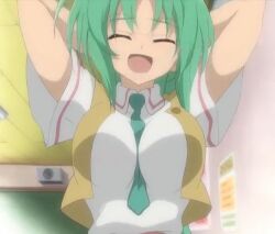 Rule 34 | 1girl, arms behind head, breasts, closed eyes, highres, higurashi no naku koro ni, large breasts, long hair, necktie, open mouth, ponytail, school uniform, smile, solo, sonozaki mion, stitched, third-party edit