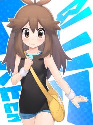 Rule 34 | 1girl, absurdres, bag, blush, breasts, brown eyes, brown hair, closed mouth, commentary request, cowboy shot, creatures (company), eyelashes, game freak, green (pokemon), hair flaps, hand up, highres, long hair, looking at viewer, nintendo, outline, pokemon, pokemon lgpe, shirt, shorts, shoulder bag, sidelocks, sleeveless, sleeveless shirt, small breasts, smile, solo, split mouth, wristband, xin lan deng, yellow bag