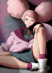 Rule 34 | 1girl, absurdres, afro puffs, asticassia school uniform, blowing bubbles, blurry, blurry foreground, chewing gum, chuatury panlunch, double bun, gundam, gundam suisei no majo, hair bun, highres, jacket, knee up, long sleeves, looking at viewer, pink eyes, pink hair, red socks, school uniform, shorts, sitting, socks, twintails, wakuanzu, white footwear