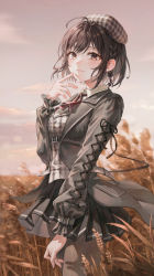 Rule 34 | 1girl, ahoge, black jacket, black ribbon, black skirt, blurry, blurry background, bow, braid, breasts, brown eyes, brown legwear, brown shirt, closed mouth, commentary request, cross-laced clothes, cross-laced sleeves, day, grey bow, hair bow, hand up, highres, jacket, long sleeves, looking at viewer, medium breasts, miniskirt, open clothes, open jacket, outdoors, plaid, plaid headwear, plaid shirt, pleated skirt, project sekai, ribbon, shinonome ena, shirt, short hair, side braid, skirt, smile, solo, tokkyu, wheat
