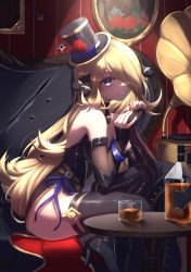 Rule 34 | 1girl, absurdres, alternate costume, bare shoulders, black footwear, black hat, blonde hair, blue eyes, boots, bottle, commentary, creatures (company), cynthia (pokemon), detached sleeves, eyelashes, game freak, glass, glass bottle, grin, hat, highres, indoors, liquid, long hair, nail polish, nintendo, nithros, own hands together, phonograph, pokemon, pokemon dppt, red nails, sitting, smile, solo, table, thigh boots