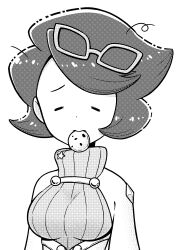 Rule 34 | 1girl, absurdres, big hair, breasts, buttons, capelet, closed eyes, closed mouth, cookie, creatures (company), eyewear on head, food, game freak, glasses, greyscale, highres, holding, holding food, large breasts, mature female, monochrome, mouth hold, nintendo, pokemon, pokemon sm, raised eyebrows, ribbed sweater, sleepy, solo, sweater, turtleneck, turtleneck sweater, wicke (pokemon), ziburikito