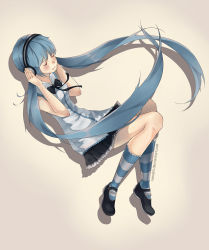 Rule 34 | 1girl, aqua hair, closed eyes, hands on headphones, hatsune miku, headphones, long hair, mary janes, shoes, skirt, socks, solo, striped clothes, striped socks, twintails, very long hair, vocaloid