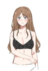 Rule 34 | 1girl, bang dream!, bang dream! it&#039;s mygo!!!!!, black bra, blue eyes, blush, bra, breasts, brown hair, cleavage, closed mouth, collarbone, commentary, cropped torso, long hair, looking at viewer, medium breasts, nagasaki soyo, navel, sidelocks, simple background, solo, stomach, sweatdrop, symbol-only commentary, underwear, upper body, white background, yuki watson n