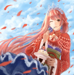 Rule 34 | 1girl, blueberry, brown eyes, cake, cloud, crown, day, dress, earrings, eating, food, fruit, half updo, jewelry, long hair, one eye closed, original, petals, plate, print shirt, red hair, red shirt, sakimori (hououbds), shirt, sky, smile, solo, strawberry, strawberry shortcake, very long hair