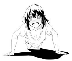 Rule 34 | 1girl, @ @, blush, breasts, cleavage, collarbone, exercising, greyscale, kekemotsu, large breasts, long hair, monochrome, open mouth, original, ponytail, push-ups, sidelocks, solo