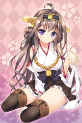 Rule 34 | 10s, 1girl, argyle, argyle background, argyle clothes, bare shoulders, black thighhighs, blush, boots, breasts, brown hair, detached sleeves, double bun, hair bun, hair ornament, hairband, headgear, japanese clothes, kantai collection, kongou (kancolle), long hair, nontraditional miko, personification, pink background, rei (rei&#039;s room), sitting, skirt, smile, solo, thigh boots, thighhighs, wariza
