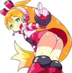 Rule 34 | 1girl, android, artist request, ass, blonde hair, boots, call (mighty no. 9), call f, dress, eyebrows, fingerless gloves, gloves, green eyes, hairband, headphones, jacket, long hair, mighty no. 9, no humans, panties, ponytail, ribbon, robot, shirt, smile, solo, underwear