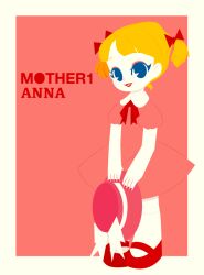 Rule 34 | 1girl, ana (mother), blonde hair, blue eyes, border, bow, character name, collared dress, copyright name, dress, full body, hair bow, hat, holding, holding clothes, holding hat, lipstick, makeup, mary janes, mother (game), mother 1, nintendo, nonana (mikudrop), pink dress, pink hat, red bow, red footwear, red lips, red nails, shoes, short sleeves, short twintails, socks, solo, twintails, white border, white socks