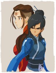 Rule 34 | 2girls, avatar legends, back-to-back, black eyes, black hair, brown background, brown hair, chinese clothes, closed mouth, commentary, earrings, english commentary, hair bun, half-closed eyes, highres, jewelry, long hair, ming-hua (the legend of korra), misterunagi, multiple girls, p&#039;li (the legend of korra), red eyes, single hair bun, sketch, the legend of korra, third eye, v-shaped eyebrows, very long hair, water