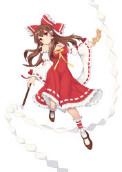 Rule 34 | 1girl, absurdres, bare shoulders, blush, bow, breasts, brown hair, cleavage, closed mouth, detached sleeves, full body, hair bow, hair tubes, hakurei reimu, highres, long hair, looking at viewer, medium breasts, red bow, red eyes, socks, solo, touhou, white socks, xian yu zhanshi