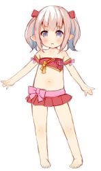 Rule 34 | 1girl, barefoot, bikini, bikini skirt, blue eyes, brown hair, final fantasy, final fantasy xiv, full body, lalafell, long hair, meito (maze), navel, open mouth, outstretched arms, pointy ears, red bikini, ribbon, smile, solo, swimsuit, twintails
