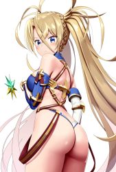 Rule 34 | 1girl, absurdres, ass, back, bare shoulders, bikini, blonde hair, blue bikini, blue eyes, blue gloves, blush, bradamante (fate), bradamante (third ascension) (fate), braid, breasts, closed mouth, crown braid, elbow gloves, fate/grand order, fate (series), french braid, gloves, hair between eyes, hair ornament, halterneck, highres, long hair, looking at viewer, looking back, medium breasts, sanpeita, simple background, solo, swimsuit, twintails, two-tone bikini, very long hair, white background, white bikini