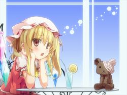 Rule 34 | 1girl, bandaged head, blonde hair, blue background, chair, drinking straw, elbows on table, flandre scarlet, food, fruit, glass, hat, hat ribbon, head rest, kurokumaneko, lemon, lemon slice, looking at viewer, mob cap, open mouth, puffy short sleeves, puffy sleeves, red eyes, ribbon, short hair, short sleeves, side ponytail, sitting, skirt, skirt set, soda, solo, striped, striped background, stuffed animal, stuffed toy, table, teddy bear, touhou, upper body, wings