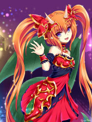 Rule 34 | 1girl, blue eyes, dragon girl, dragon horns, dragon tail, dragon wings, dress, fang, green tail, green wings, highres, horns, orange hair, peak824545201, pointy ears, red dress, shironeko project, solo, tail, tetra (shironeko project), twintails, wings