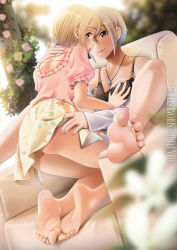 Rule 34 | 2girls, after kiss, aiba yumi, barefoot, black eyes, blonde hair, brown eyes, casino (casinoep), couch, earrings, feet, hand on another&#039;s chest, hand on another&#039;s hip, hand under clothes, hand under skirt, highres, idolmaster, idolmaster cinderella girls, jewelry, looking at viewer, multiple girls, necklace, plant, saliva, saliva trail, shiomi syuko, skirt, spread legs, thighs, tongue, tongue out, white hair, yuri