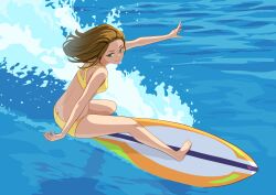 Rule 34 | 1girl, absurdres, ass, barefoot, bikini, breasts, brown hair, butt crack, commentary, english commentary, feet, full body, green eyes, highres, nap on a cloud, original, solo, surfboard, surfing, swimsuit, toes, tongue, tongue out, water, yellow bikini