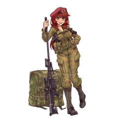 Rule 34 | absurdres, ammunition pouch, anti-materiel rifle, backpack, bag, beret, bolt action, boots, brown eyes, camouflage, camouflage jacket, camouflage pants, full body, gun, hand on own hip, handgun, hat, heterochromia, highres, holding, holding gun, holding weapon, holster, holstered, jacket, long hair, long sleeves, looking at viewer, military, military hat, military uniform, muzzle device, original, pants, pgm hecate ii, pistol, pouch, red eyes, red hair, red hat, red star, rifle, simple background, sniper rifle, solo, star (symbol), uniform, unworn backpack, unworn bag, weapon, white background, willy pete