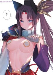 Rule 34 | 1girl, animal ears, armor, asymmetrical sleeves, bare shoulders, black gloves, black hat, blue eyes, blush, breasts, circlet, closed mouth, clothes lift, commentary request, detached sleeves, fate/grand order, fate (series), feather hair ornament, feathers, gloves, hair ornament, hat, japanese armor, kusazuri, large breasts, long hair, looking at viewer, mismatched sleeves, motion lines, navel, parted bangs, pasties, pom pom (clothes), purple hair, revealing clothes, side ponytail, simple background, single glove, solo, suzuho hotaru, sweat, twitter username, upper body, ushiwakamaru (fate), very long hair, white background