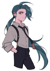 Rule 34 | 1girl, 2023 7 13, black gloves, black pants, blue hair, closed mouth, collared shirt, creatures (company), cropped legs, ear piercing, game freak, gloves, grey shirt, hair over one eye, hand in pocket, highres, long hair, looking at viewer, nintendo, pants, piercing, pokemon, pokemon sv, ponytail, red eyes, rika (pokemon), shirt, simple background, solo, suspenders, very long hair, white background