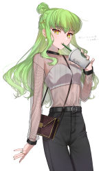 Rule 34 | 1girl, absurdres, alternate costume, alternate hairstyle, belt, between breasts, black pants, breasts, c.c., code geass, drinking straw, earrings, fishnet top, green hair, grey nails, highres, jewelry, long hair, looking at viewer, nail polish, navel, pants, poro uma, pursed lips, solo, strap between breasts, white background, yellow eyes