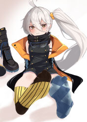 Rule 34 | 1girl, absurdres, blush, boots, unworn boots, brown eyes, feet, girls&#039; frontline, goggles, goggles around neck, highres, long hair, looking at viewer, parted lips, pkp (girls&#039; frontline), shoes, unworn shoes, side ponytail, silver hair, socks, soles