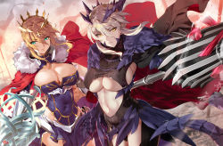 Rule 34 | 2girls, aqua eyes, arm up, armor, artoria pendragon (fate), artoria pendragon (lancer) (fate), artoria pendragon (lancer alter) (fate), blonde hair, braid, breasts, cape, center opening, cleavage, cleavage cutout, closed mouth, clothing cutout, covered navel, cowboy shot, crown, dutch angle, fate/grand order, fate (series), flag, fur trim, gauntlets, grey hair, hair between eyes, hair ornament, highres, hip vent, lance, large breasts, multiple girls, navel, outdoors, outstretched arm, pauldrons, polearm, short hair with long locks, shoulder armor, sidelocks, sunlight, thighhighs, turtleneck, underboob, weapon, yd (orange maru), yellow eyes