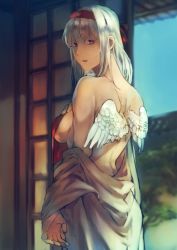 Rule 34 | 1girl, architecture, arm at side, bad id, bad tumblr id, bare back, blush, breasts, brown eyes, clothes down, commentary request, covering privates, covering breasts, cowboy shot, east asian architecture, eaves, feathered wings, from behind, fukazaki, hachimaki, hairband, hand on own chest, headband, indoors, japanese clothes, kantai collection, kimono, long hair, looking at viewer, looking back, medium breasts, nape, parted lips, shouji, shoukaku (kancolle), shoulder blades, sideboob, sidelocks, sliding doors, solo, tree, white hair, white wings, wings