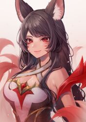 Rule 34 | 1girl, ahri (league of legends), animal ears, black hair, breasts, cleavage, closed mouth, facial mark, fox ears, fox tail, hair between eyes, highres, league of legends, long hair, looking at viewer, momoirone, official alternate costume, official alternate hairstyle, red eyes, risen legend ahri, sidelocks, simple background, smile, solo, tail, upper body, whisker markings