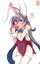 Rule 34 | 1girl, ?, ahoge, alternate costume, animal ears, artist logo, bow, bowtie, cameltoe, carrot, cleft of venus, commentary request, covered navel, cowboy shot, dated, detached collar, fake animal ears, green bow, green bowtie, grey hair, hair between eyes, hair bun, highres, kanon (kurogane knights), kantai collection, kiyoshimo (kancolle), leotard, low twintails, playboy bunny, purple eyes, purple leotard, rabbit ears, rabbit tail, saliva, sexually suggestive, simple background, single hair bun, solo, spoken question mark, strapless, strapless leotard, tail, thighhighs, twintails, white background, white thighhighs, wrist cuffs