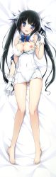 Rule 34 | 10s, 1girl, :d, absurdres, bare shoulders, barefoot, bed sheet, black hair, blue eyes, blush, breast slip, breasts, breasts out, covered navel, dakimakura (medium), dungeon ni deai wo motomeru no wa machigatteiru darou ka, feet, full body, hair ornament, hair ribbon, hestia (danmachi), highres, karory, long hair, looking at viewer, lying, nipples, on back, one breast out, open mouth, partially visible vulva, rei no himo, ribbon, shirt, sleeveless, sleeveless shirt, smile, solo, thigh gap, toes, twintails, very long hair
